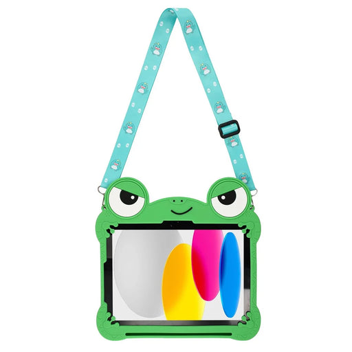 For iPad (2025) / iPad 10.9 (2022) Case Rotating Kickstand Cute Frog Design Silicone Tablet Cover with Lanyard - 2