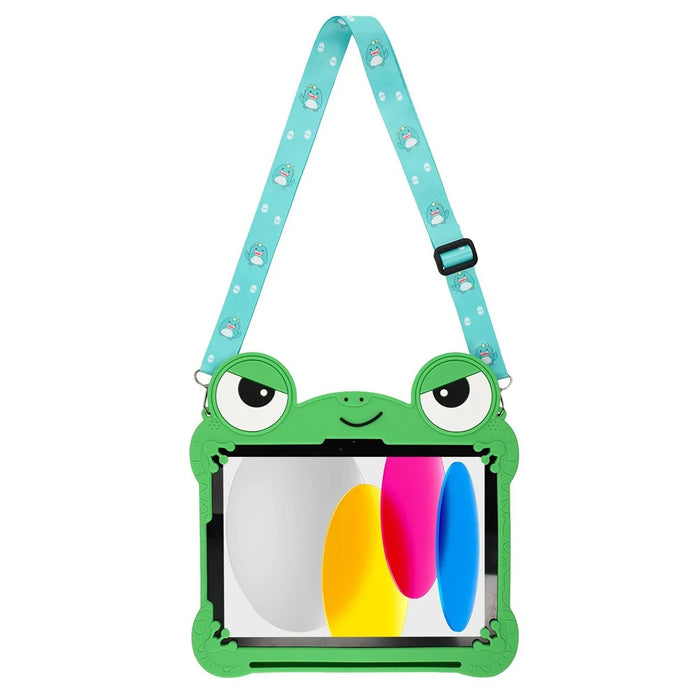 For iPad (2025) / iPad 10.9 (2022) Case Rotating Kickstand Cute Frog Design Silicone Tablet Cover with Lanyard - 2
