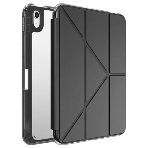For iPad (2025) / iPad 10.9 (2022) Case with Pen Slot Clear Back Leather Stand Tablet Cover - Black - 1
