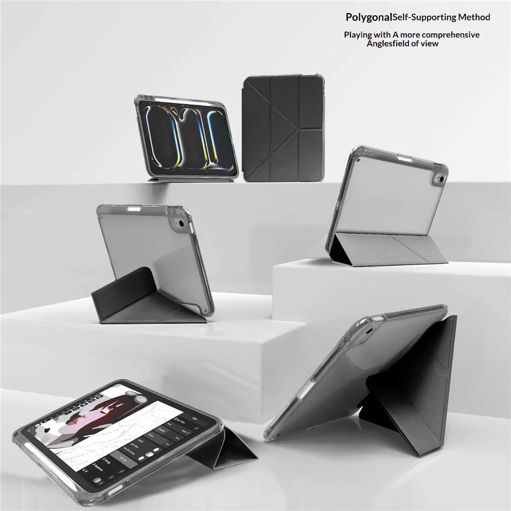 For iPad (2025) / iPad 10.9 (2022) Case with Pen Slot Clear Back Leather Stand Tablet Cover - Black - 2