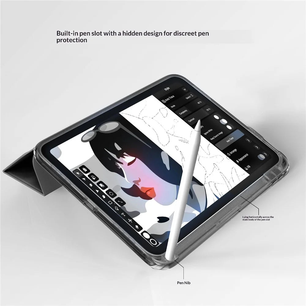 For iPad (2025) / iPad 10.9 (2022) Case with Pen Slot Clear Back Leather Stand Tablet Cover - Black - 3