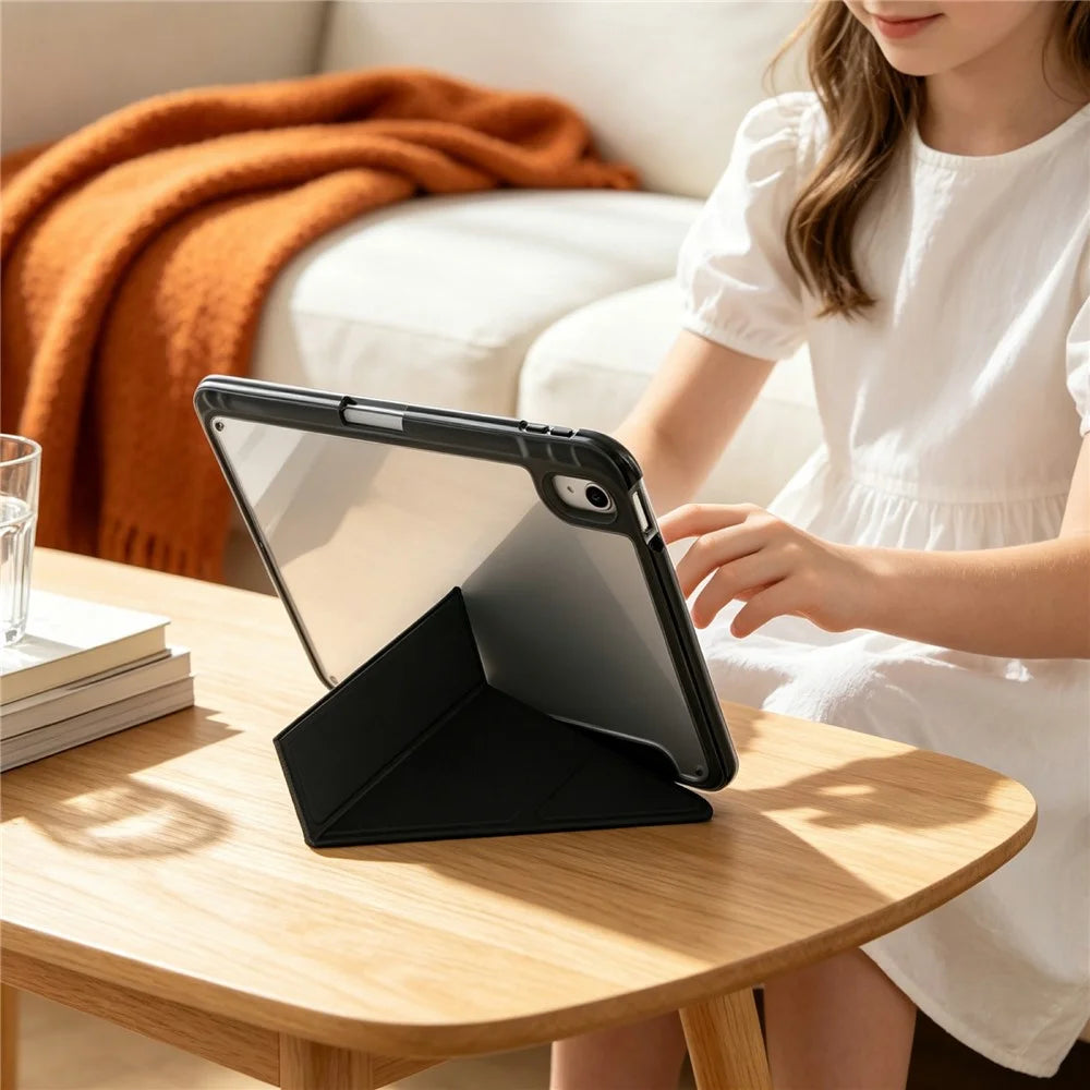 For iPad (2025) / iPad 10.9 (2022) Case with Pen Slot Clear Back Leather Stand Tablet Cover - Black - 5