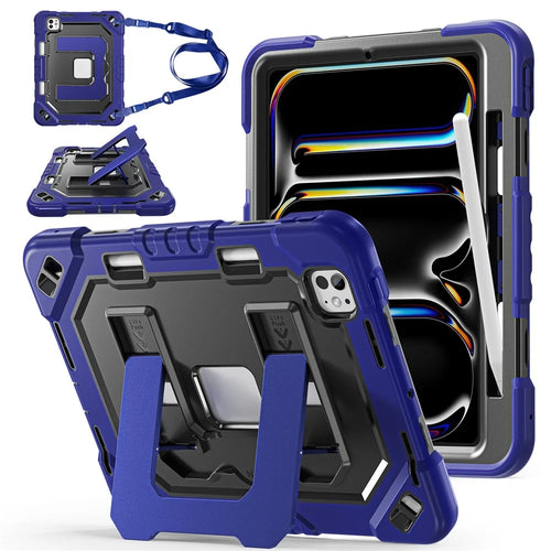 For iPad Pro 11 (2024)  /  Pro 11 (2025) Case Shockproof PC + TPU + Silicone Protective Cover with Shoulder Strap  /  Pen Holder - Navy Blue+Black - 1