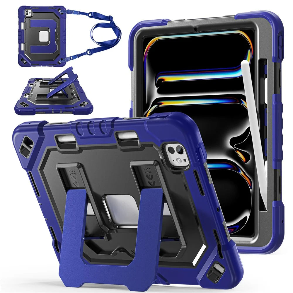 For iPad Pro 11 (2024)  /  Pro 11 (2025) Case Shockproof PC + TPU + Silicone Protective Cover with Shoulder Strap  /  Pen Holder - Navy Blue+Black - 1