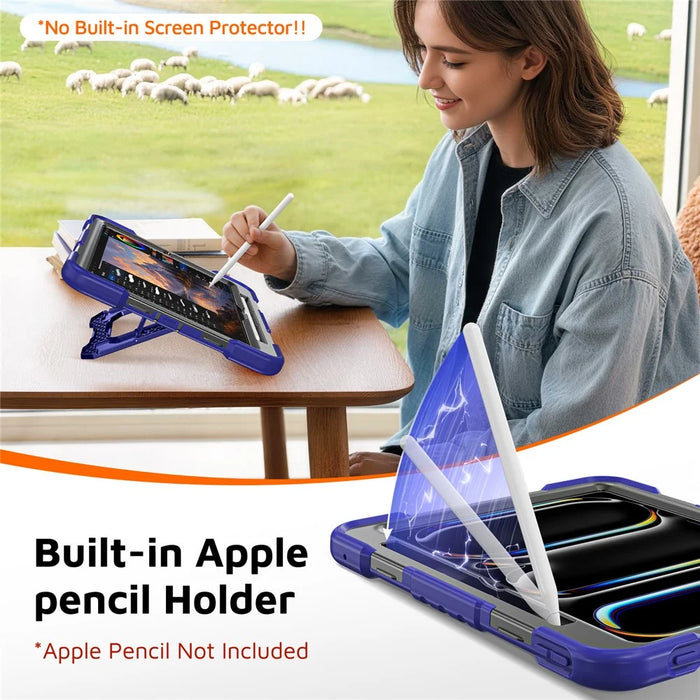 For iPad Pro 11 (2024)  /  Pro 11 (2025) Case Shockproof PC + TPU + Silicone Protective Cover with Shoulder Strap  /  Pen Holder - Navy Blue+Black - 3