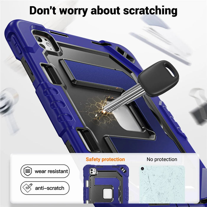 For iPad Pro 11 (2024)  /  Pro 11 (2025) Case Shockproof PC + TPU + Silicone Protective Cover with Shoulder Strap  /  Pen Holder - Navy Blue+Black - 4