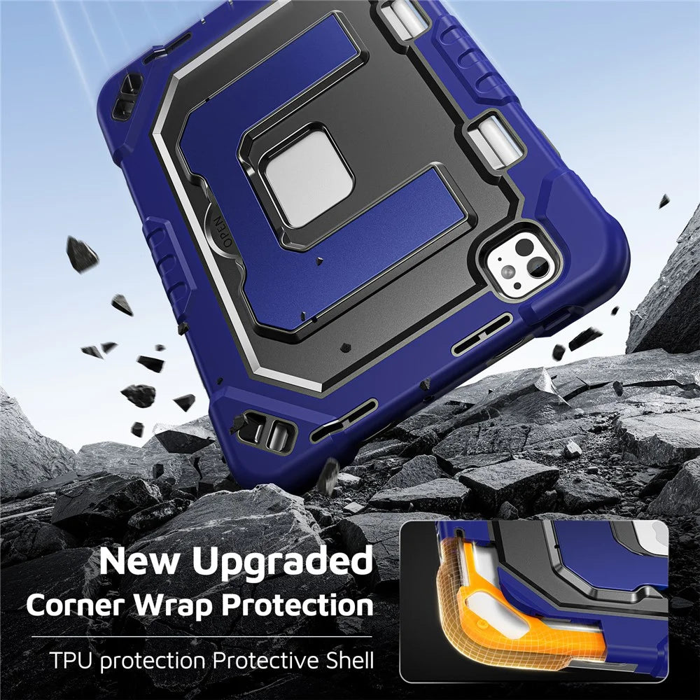 For iPad Pro 11 (2024)  /  Pro 11 (2025) Case Shockproof PC + TPU + Silicone Protective Cover with Shoulder Strap  /  Pen Holder - Navy Blue+Black - 5