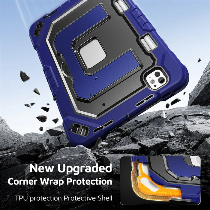 For iPad Pro 11 (2024)  /  Pro 11 (2025) Case Shockproof PC + TPU + Silicone Protective Cover with Shoulder Strap  /  Pen Holder - Navy Blue+Black - 5