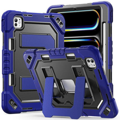 For iPad Pro 11 (2024)  /  Pro 11 (2025) Case Kickstand PC + TPU + Silicone Tablet Cover with Pen Holder - Navy Blue+Black - 1