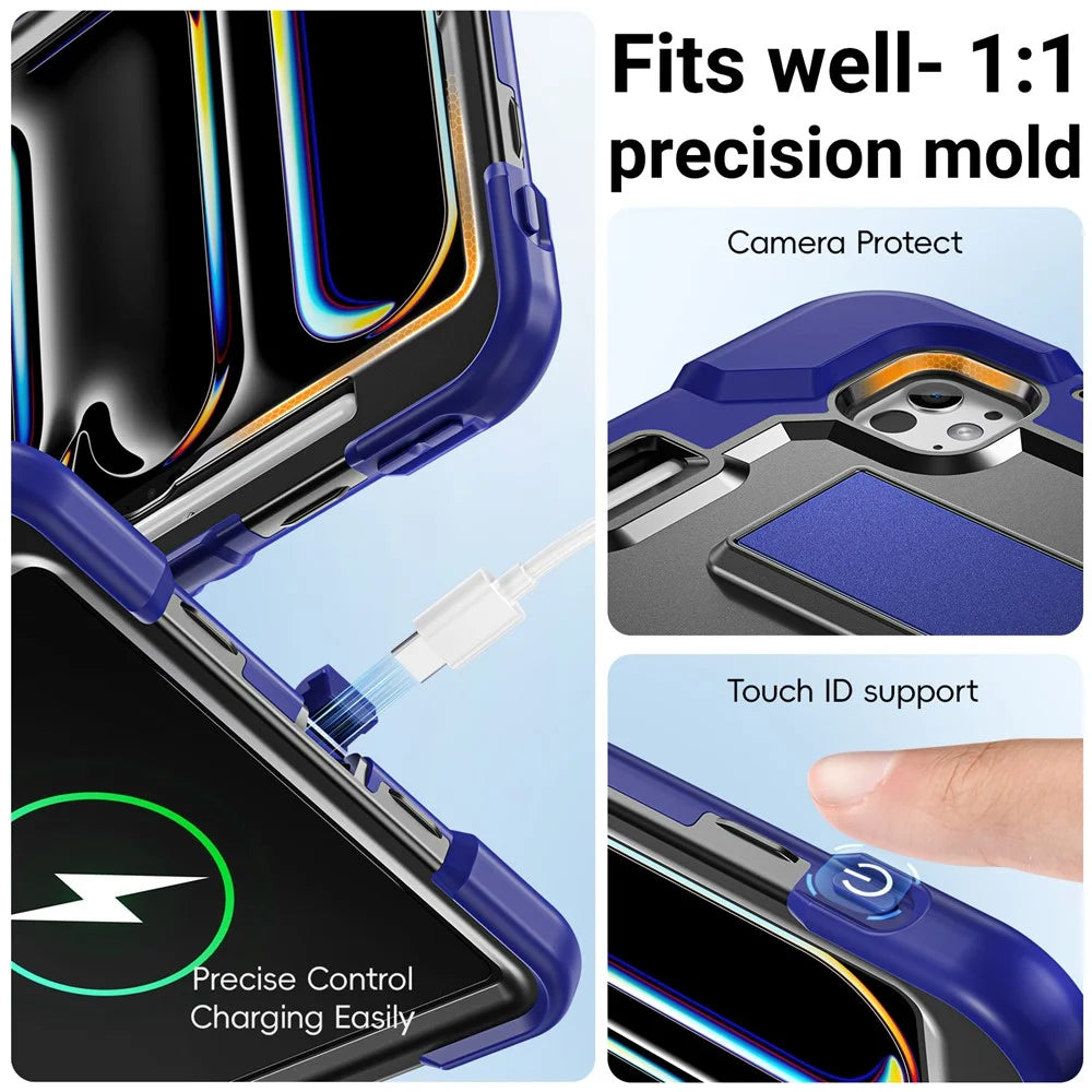 For iPad Pro 11 (2024)  /  Pro 11 (2025) Case Kickstand PC + TPU + Silicone Tablet Cover with Pen Holder - Navy Blue+Black - 6