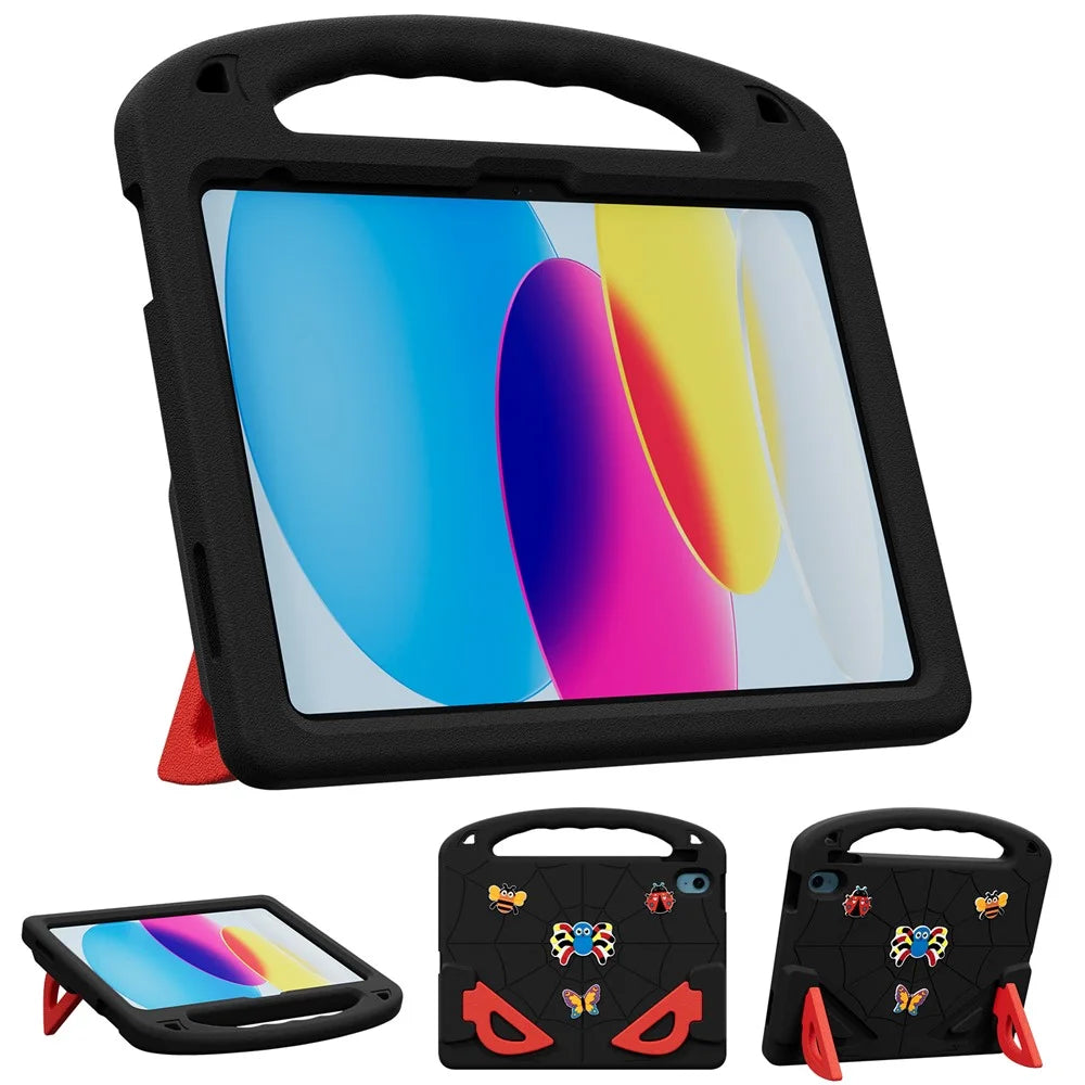 For iPad (2025) / iPad 10.9 (2022) Case Cartoon Insect Shockproof EVA Tablet Cover with Handle and Kickstand - Black+Red - 2
