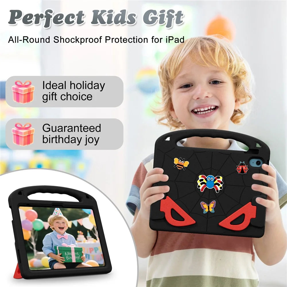 For iPad (2025) / iPad 10.9 (2022) Case Cartoon Insect Shockproof EVA Tablet Cover with Handle and Kickstand - Black+Red - 3