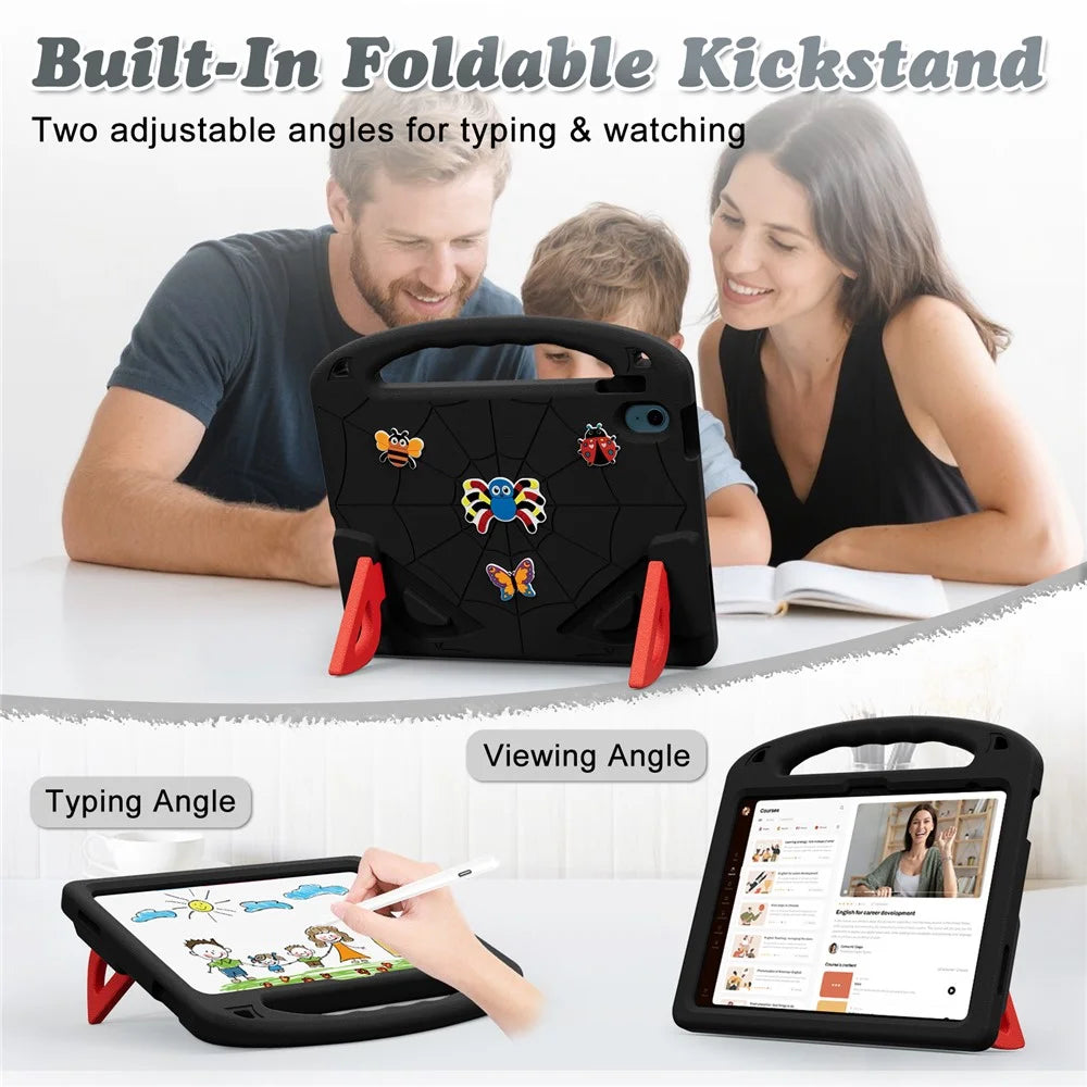For iPad (2025) / iPad 10.9 (2022) Case Cartoon Insect Shockproof EVA Tablet Cover with Handle and Kickstand - Black+Red - 4