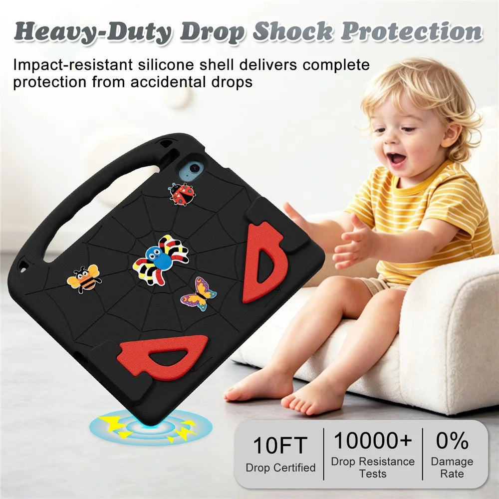 For iPad (2025) / iPad 10.9 (2022) Case Cartoon Insect Shockproof EVA Tablet Cover with Handle and Kickstand - Black+Red - 5