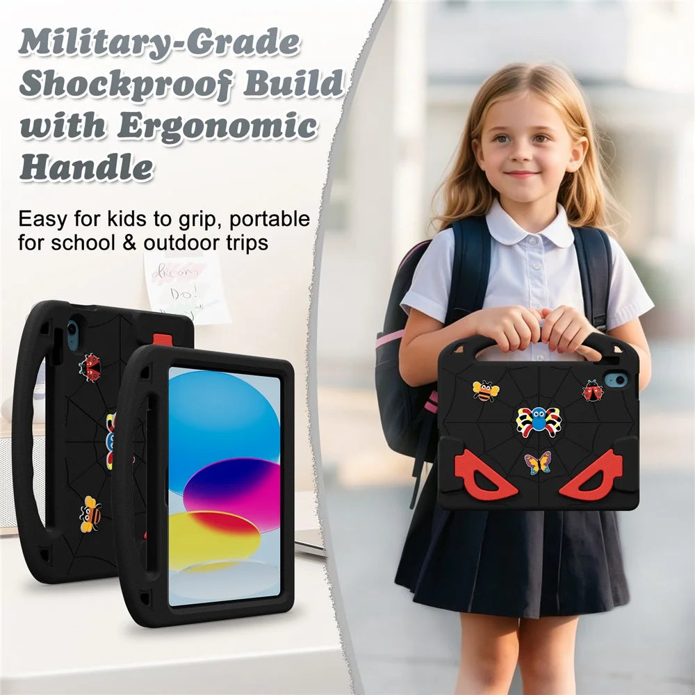 For iPad (2025) / iPad 10.9 (2022) Case Cartoon Insect Shockproof EVA Tablet Cover with Handle and Kickstand - Black+Red - 6