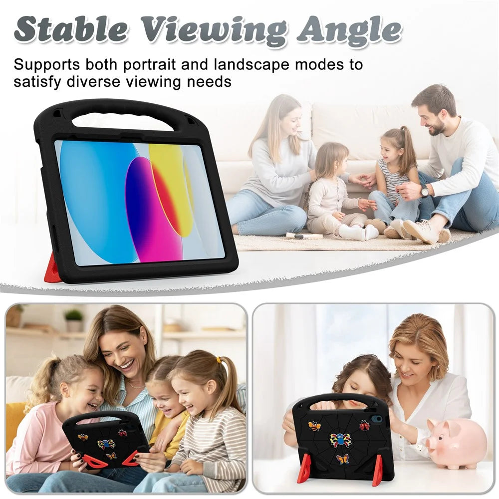 For iPad (2025) / iPad 10.9 (2022) Case Cartoon Insect Shockproof EVA Tablet Cover with Handle and Kickstand - Black+Red - 7