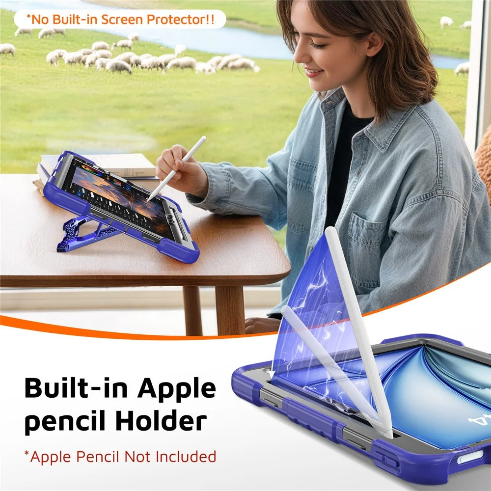 For iPad Air 11 (2026)  /  (2025)  /  (2024)  /  iPad Pro 11 (2022)  /  (2021)  /  (2020)  /  (2018)  /  Air (2022)  /  (2020) Case Kickstand PC + TPU + Silicone Tablet Cover with Pen Holder - Navy Blue+Black - 2