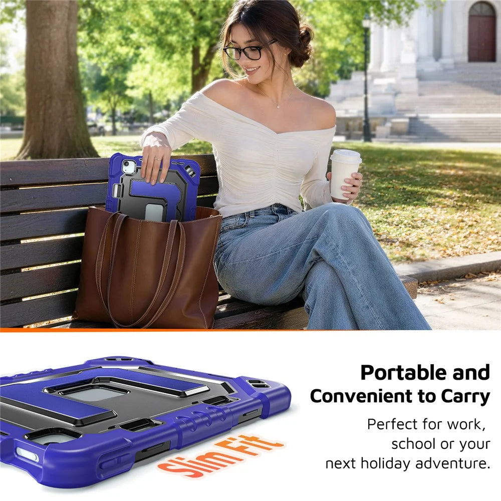 For iPad Air 11 (2026)  /  (2025)  /  (2024)  /  iPad Pro 11 (2022)  /  (2021)  /  (2020)  /  (2018)  /  Air (2022)  /  (2020) Case Kickstand PC + TPU + Silicone Tablet Cover with Pen Holder - Navy Blue+Black - 6