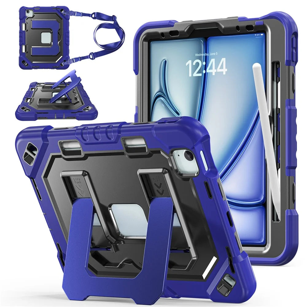 For iPad Air 11 (2026)  /  (2025)  /  (2024)  /  iPad Pro 11 (2022)  /  (2021)  /  (2020)  /  (2018)  /  Air (2022)  /  (2020) Case Shockproof PC + TPU + Silicone Protective Cover with Shoulder Strap  /  Pen Holder - Navy Blue+Black - 1
