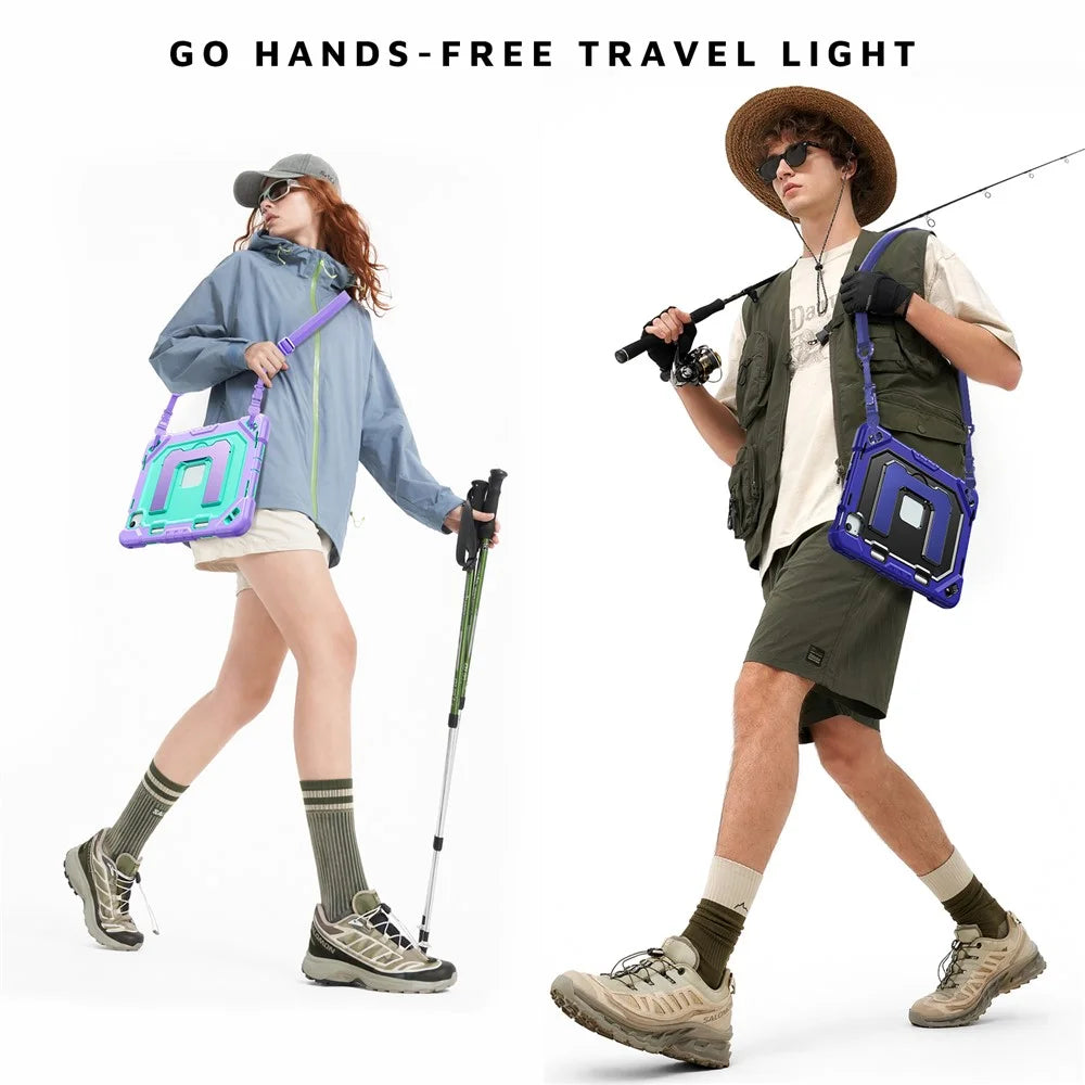 For iPad Air 11 (2026)  /  (2025)  /  (2024)  /  iPad Pro 11 (2022)  /  (2021)  /  (2020)  /  (2018)  /  Air (2022)  /  (2020) Case Shockproof PC + TPU + Silicone Protective Cover with Shoulder Strap  /  Pen Holder - Navy Blue+Black - 2