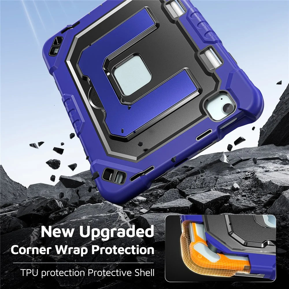 For iPad Air 11 (2026)  /  (2025)  /  (2024)  /  iPad Pro 11 (2022)  /  (2021)  /  (2020)  /  (2018)  /  Air (2022)  /  (2020) Case Shockproof PC + TPU + Silicone Protective Cover with Shoulder Strap  /  Pen Holder - Navy Blue+Black - 4