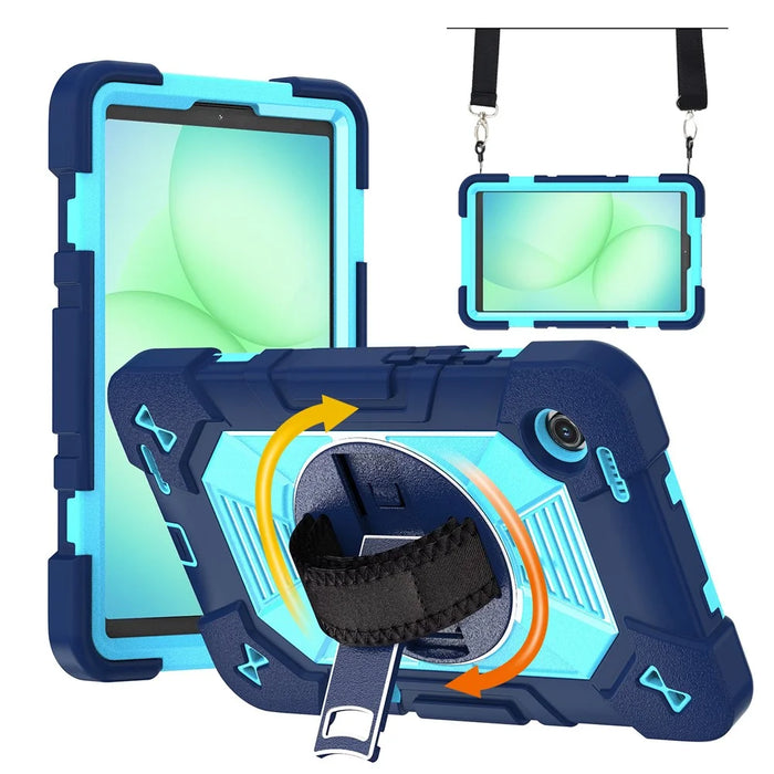 For Samsung Galaxy Tab A11 / Tab A9 Case Kickstand PC + Silicone Shockproof Cover with Hand Strap / Shoulder Strap - Navy Blue+Sky Blue - 1