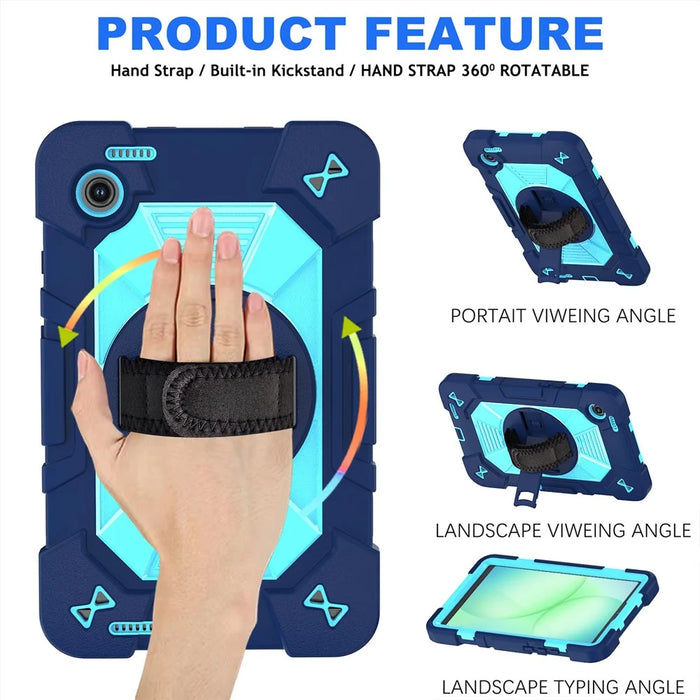 For Samsung Galaxy Tab A11 / Tab A9 Case Kickstand PC + Silicone Shockproof Cover with Hand Strap / Shoulder Strap - Navy Blue+Sky Blue - 3