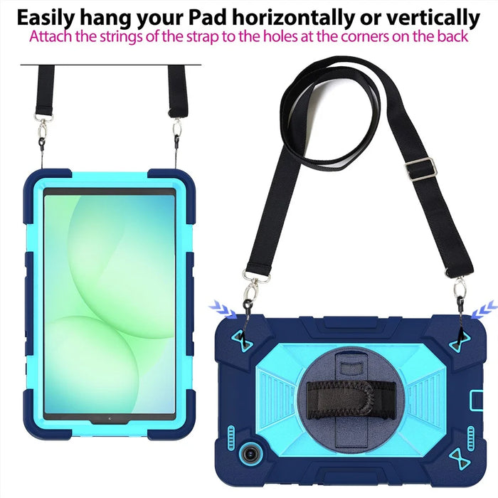 For Samsung Galaxy Tab A11 / Tab A9 Case Kickstand PC + Silicone Shockproof Cover with Hand Strap / Shoulder Strap - Navy Blue+Sky Blue - 6