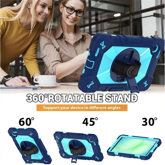 For Samsung Galaxy Tab A11 / Tab A9 Case Kickstand PC + Silicone Shockproof Cover with Hand Strap / Shoulder Strap - Navy Blue+Sky Blue - 7