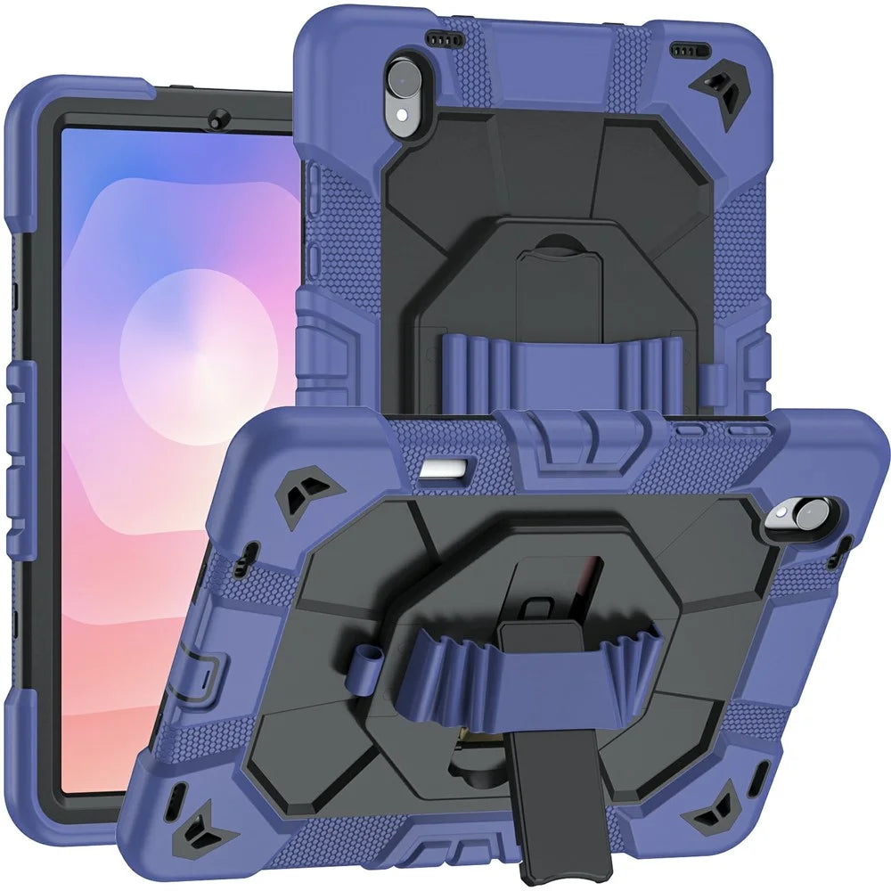 For Samsung Galaxy Tab S11 Case with Kickstand Wrist Strap PC + Silicone Tablet Cover - Navy Blue+Black - 1