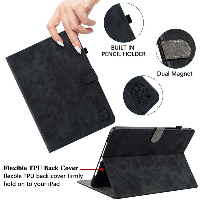 For Realme Pad X Card Slot Function PU Leather Tablet Case Cute Tiger Pattern Imprinted Anti-scratch Shell with Stand - Black - 6