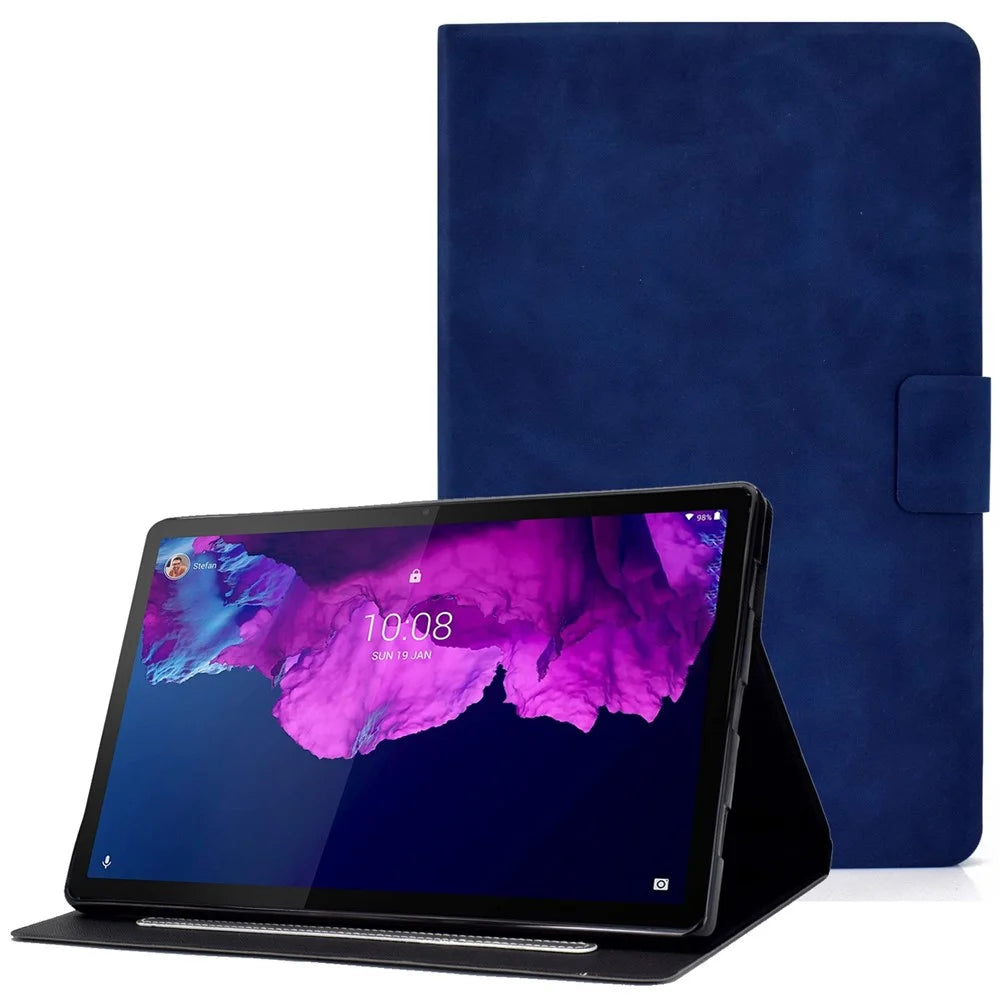 For Lenovo Tab P11 TB-J606F / Tab P11 5G  Card Holder Design Folio Flip Calf Textured Leather Tablet Case Magnetic Shockproof Cover with Stand - Blue - 1