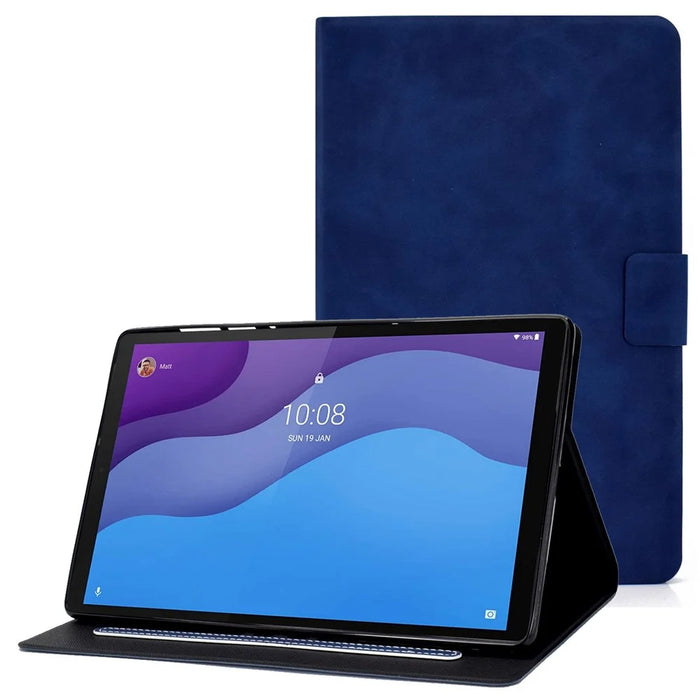 For Lenovo Tab M10 HD Gen 2 X306X Folio Flip Anti-scratch Calf Textured Leather Tablet Case Card Holder Stand Feature Magnetic Protector - Blue - 1