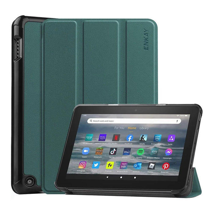 ENKAY HAT PRINCE For Amazon Fire 7 (2022) Tri-fold Stand Tablet Case Auto Wake / Sleep Function PU Leather + PC Protective Cover - Blackish Green - 1