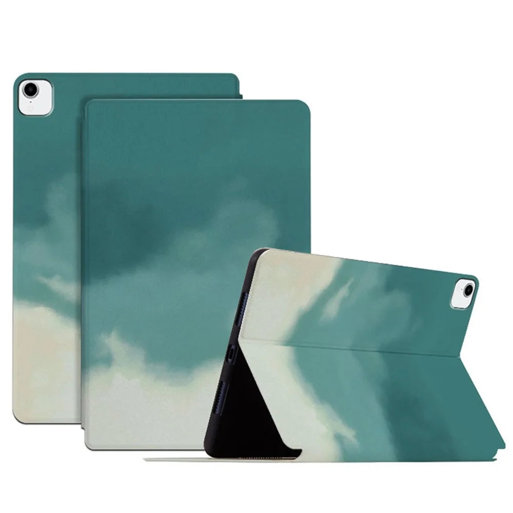 For iPad Pro 11 inch (2018) / (2020) / (2021) / (2022) Watercolor Pattern Protective Cover Anti-fall Scratch-Resistnt PU Leather Tablet Case with Stand and Auto Wake  /  Sleep - Green - 1