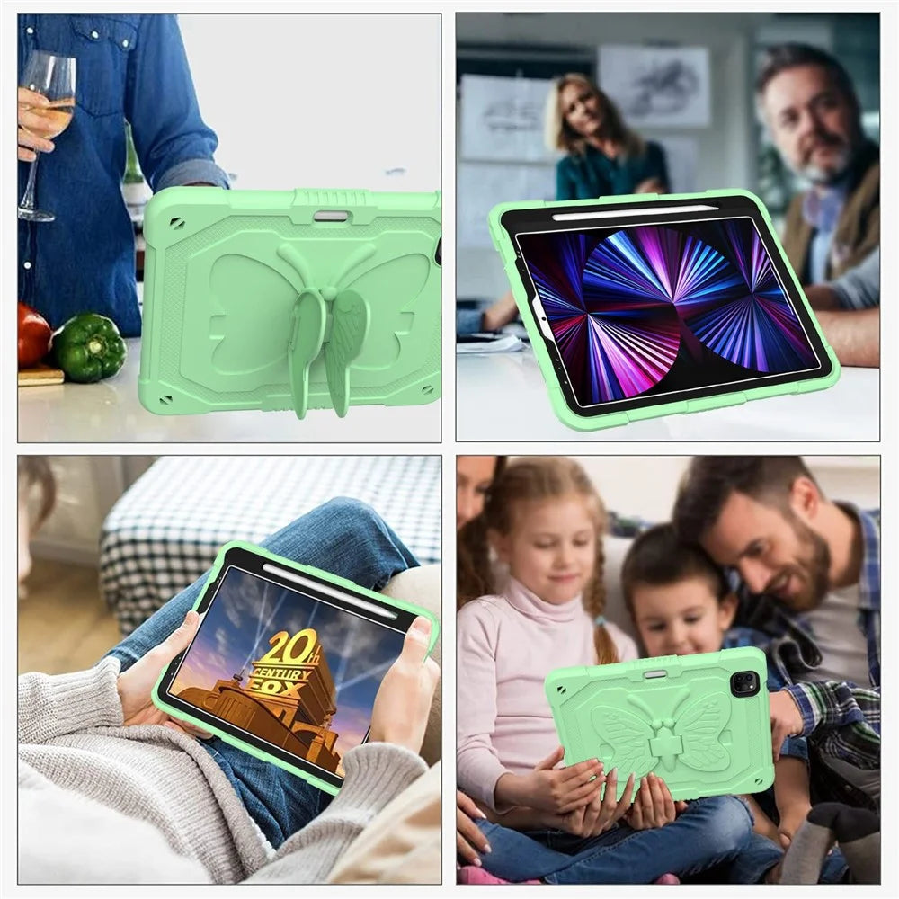 For iPad Pro 11 (2022) / (2021) / (2020) / (2018) / iPad Air (2022) / (2020) Butterfly Shape Kickstand Tablet Case Silicone + PC Shockproof Cover with Shoulder Strap - Matcha Green - 3
