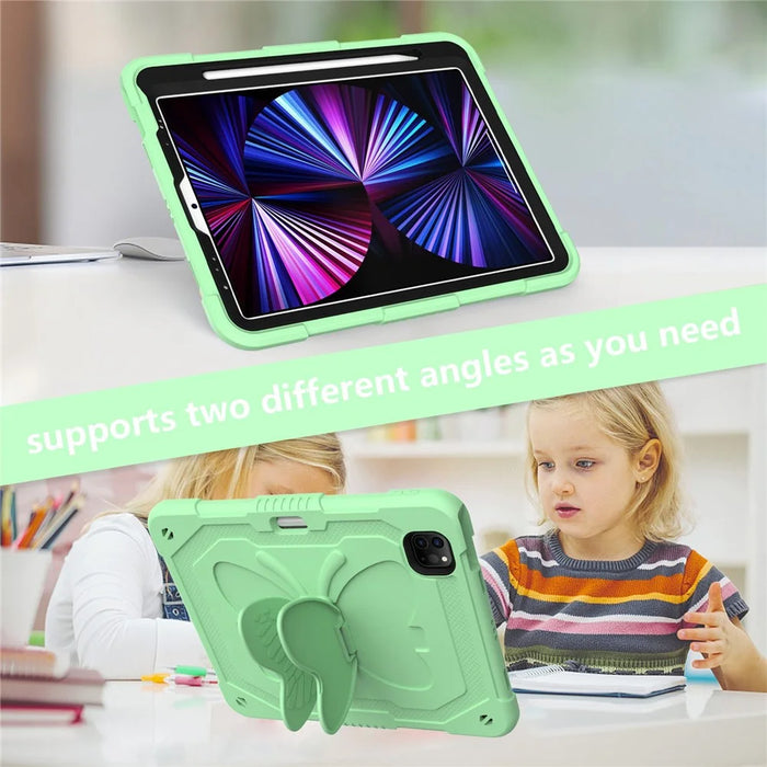 For iPad Pro 11 (2022) / (2021) / (2020) / (2018) / iPad Air (2022) / (2020) Butterfly Shape Kickstand Tablet Case Silicone + PC Shockproof Cover with Shoulder Strap - Matcha Green - 4