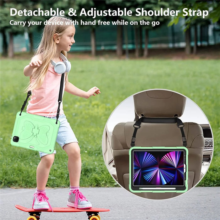 For iPad Pro 11 (2022) / (2021) / (2020) / (2018) / iPad Air (2022) / (2020) Butterfly Shape Kickstand Tablet Case Silicone + PC Shockproof Cover with Shoulder Strap - Matcha Green - 6