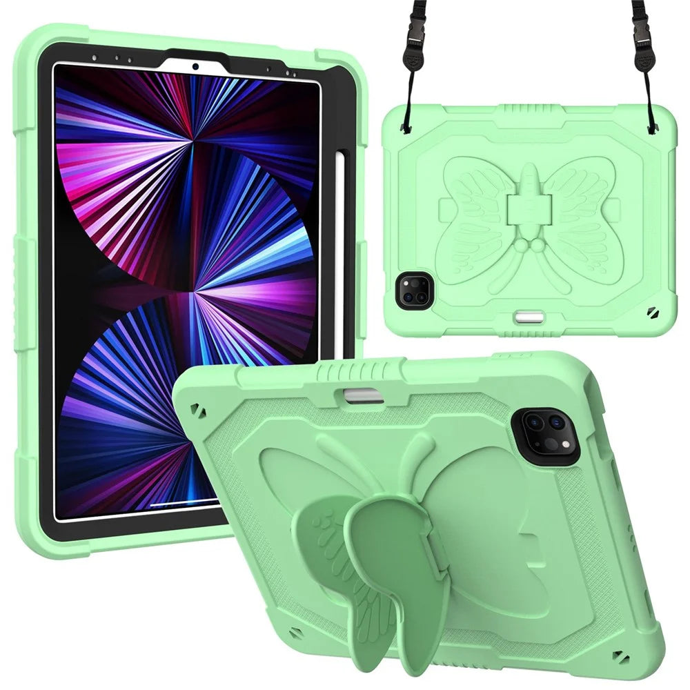 For iPad Pro 11 (2022) / (2021) / (2020) / (2018) / iPad Air (2022) / (2020) Butterfly Shape Kickstand Tablet Case Silicone + PC Shockproof Cover with Shoulder Strap - Matcha Green - 7