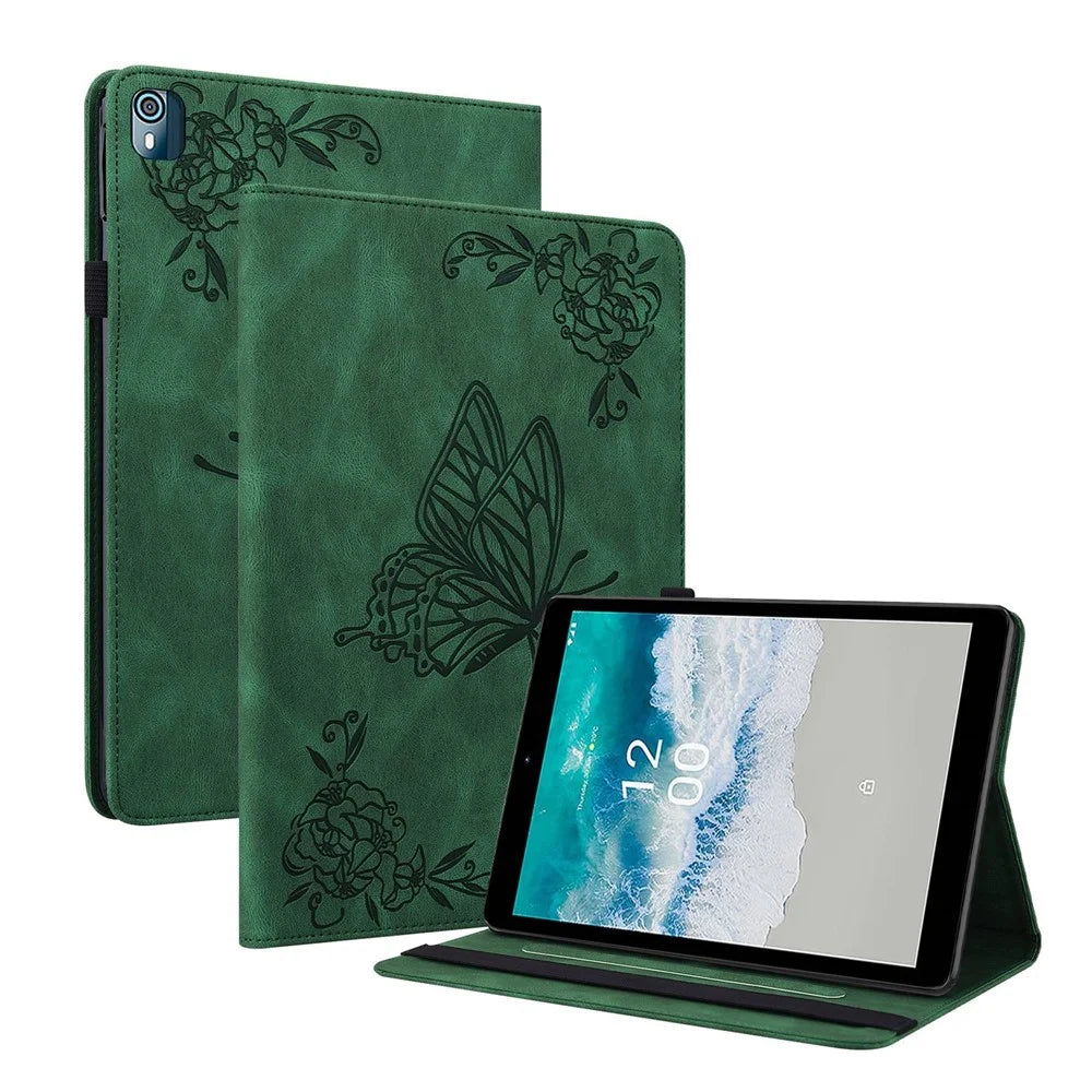 For Nokia T10 Imprinting Butterfly Flower Pattern Tablet Case PU Leather + TPU Anti-scratch Stand Card Holder Shell - Green - 1