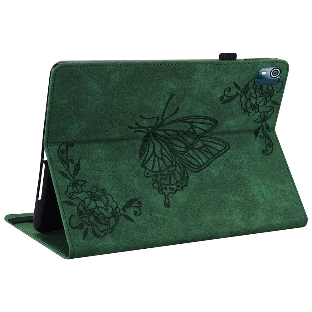 For Nokia T10 Imprinting Butterfly Flower Pattern Tablet Case PU Leather + TPU Anti-scratch Stand Card Holder Shell - Green - 4