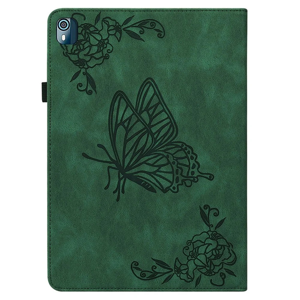 For Nokia T10 Imprinting Butterfly Flower Pattern Tablet Case PU Leather + TPU Anti-scratch Stand Card Holder Shell - Green - 5