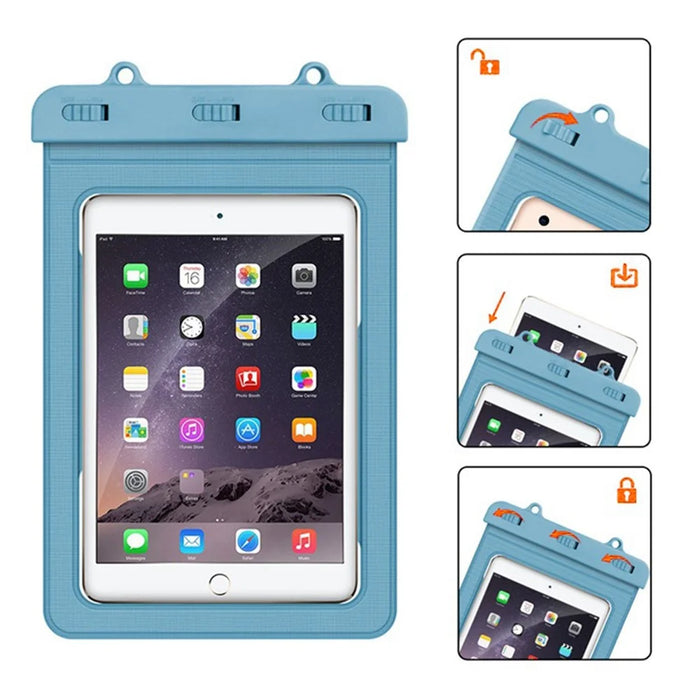 Universal Waterproof Bag for Tablets Below 9 inches, IPX8 30m Underwater Screen Touch Transparent PVC Tablet Case Pouch with Lanyard - Grey Blue - 5