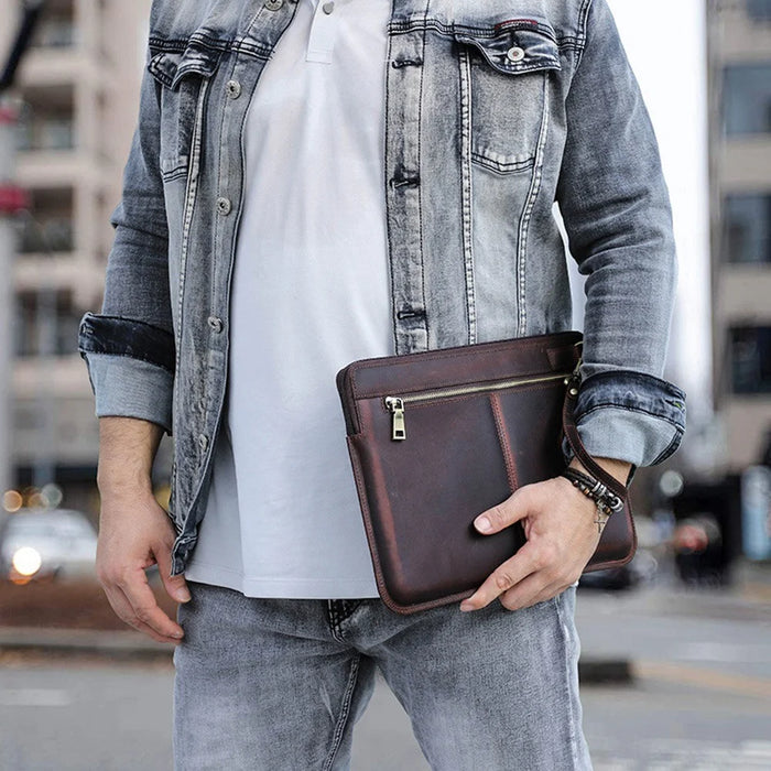For MacBook Air 13 inch (2022) A2681 Carrying Pouch Cowhide Leather Zipper Storage Bag - Brown - 3