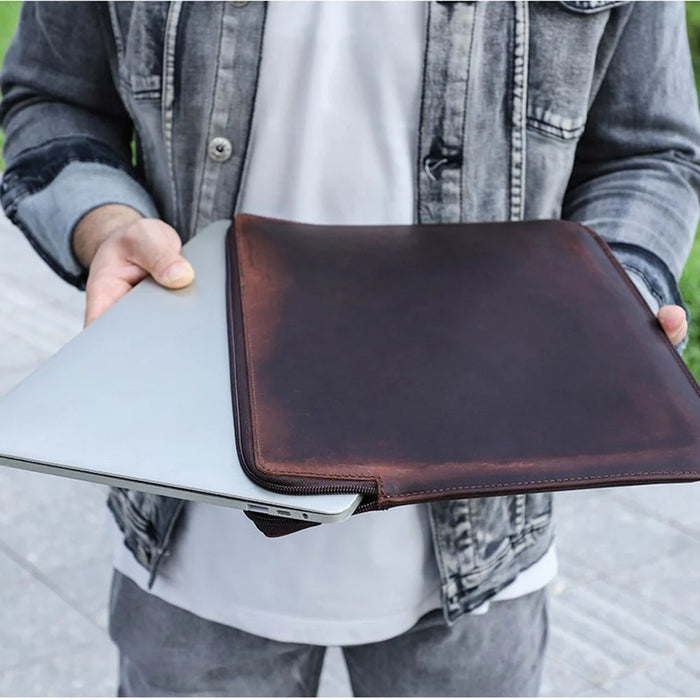 For MacBook Air 13 inch (2022) A2681 Carrying Pouch Cowhide Leather Zipper Storage Bag - Brown - 4