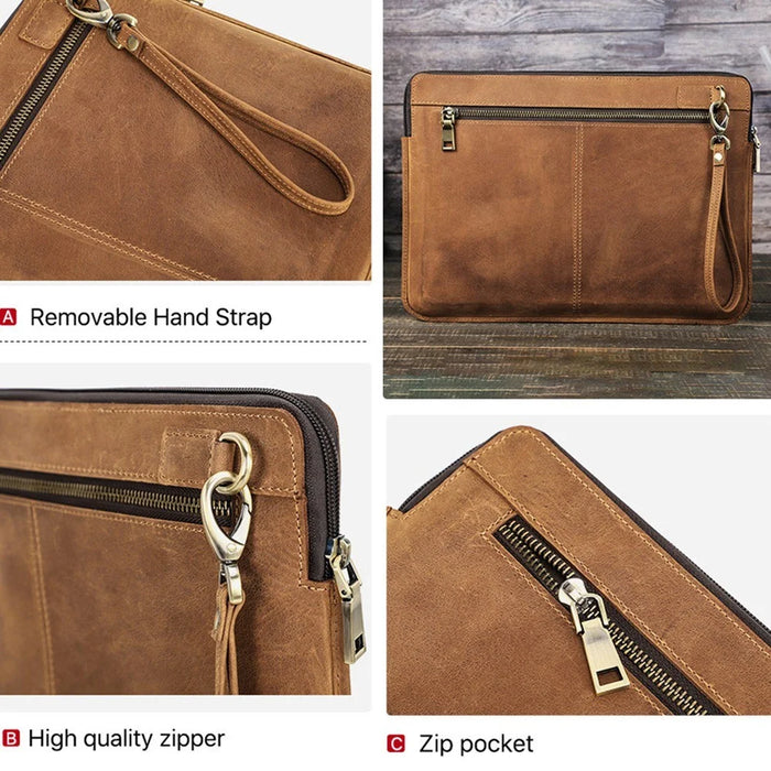 For MacBook Air 13 inch (2022) A2681 Carrying Pouch Cowhide Leather Zipper Storage Bag - Brown - 5