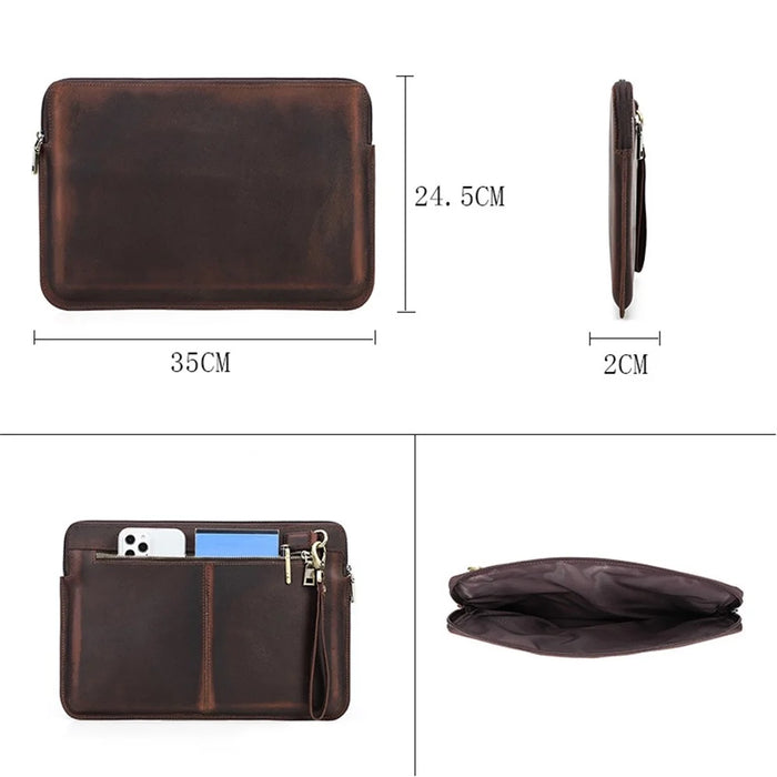 For MacBook Air 13 inch (2022) A2681 Carrying Pouch Cowhide Leather Zipper Storage Bag - Brown - 6