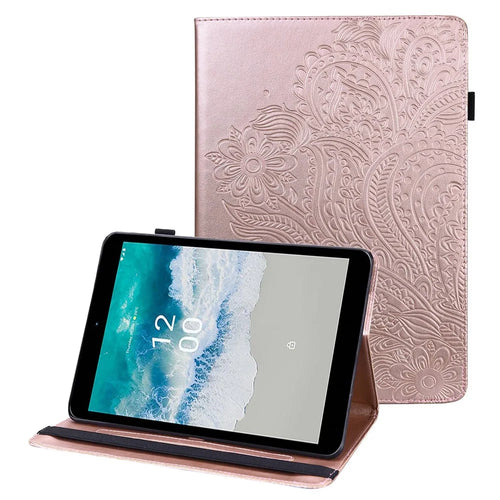 Imprinting Flower Tablet Cover for Nokia T10, Card Holder Foldable Stand PU Leather Elastic Band Case - Rose Gold - 1