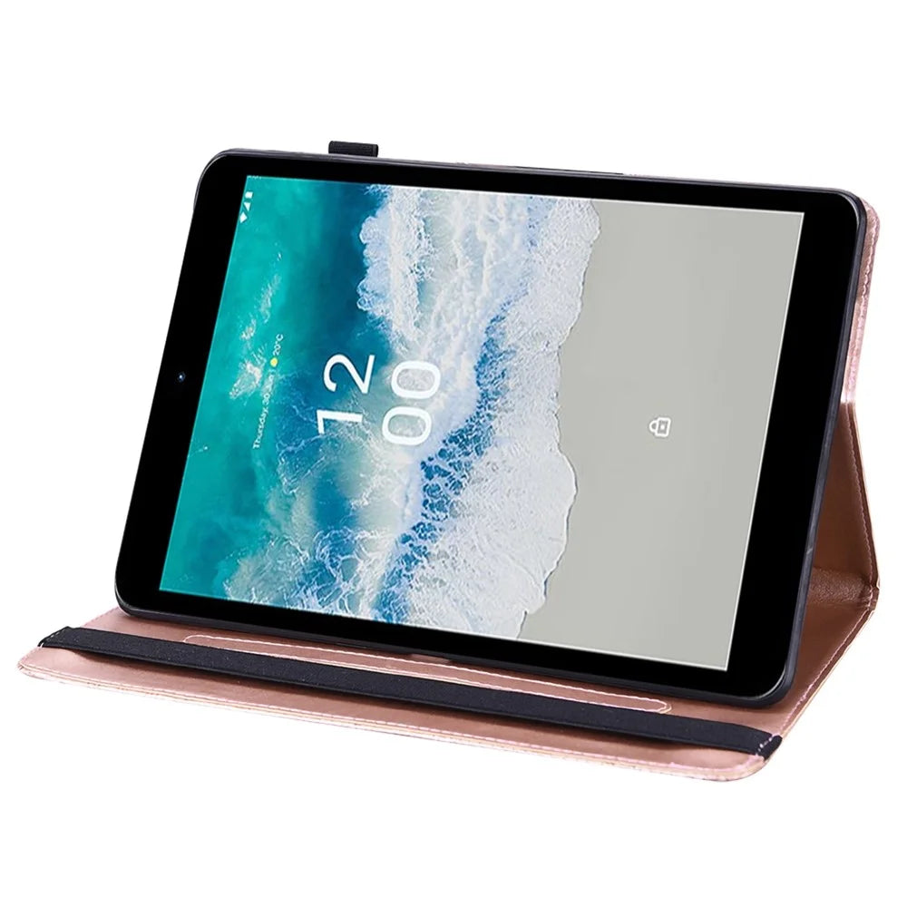 Imprinting Flower Tablet Cover for Nokia T10, Card Holder Foldable Stand PU Leather Elastic Band Case - Rose Gold - 2