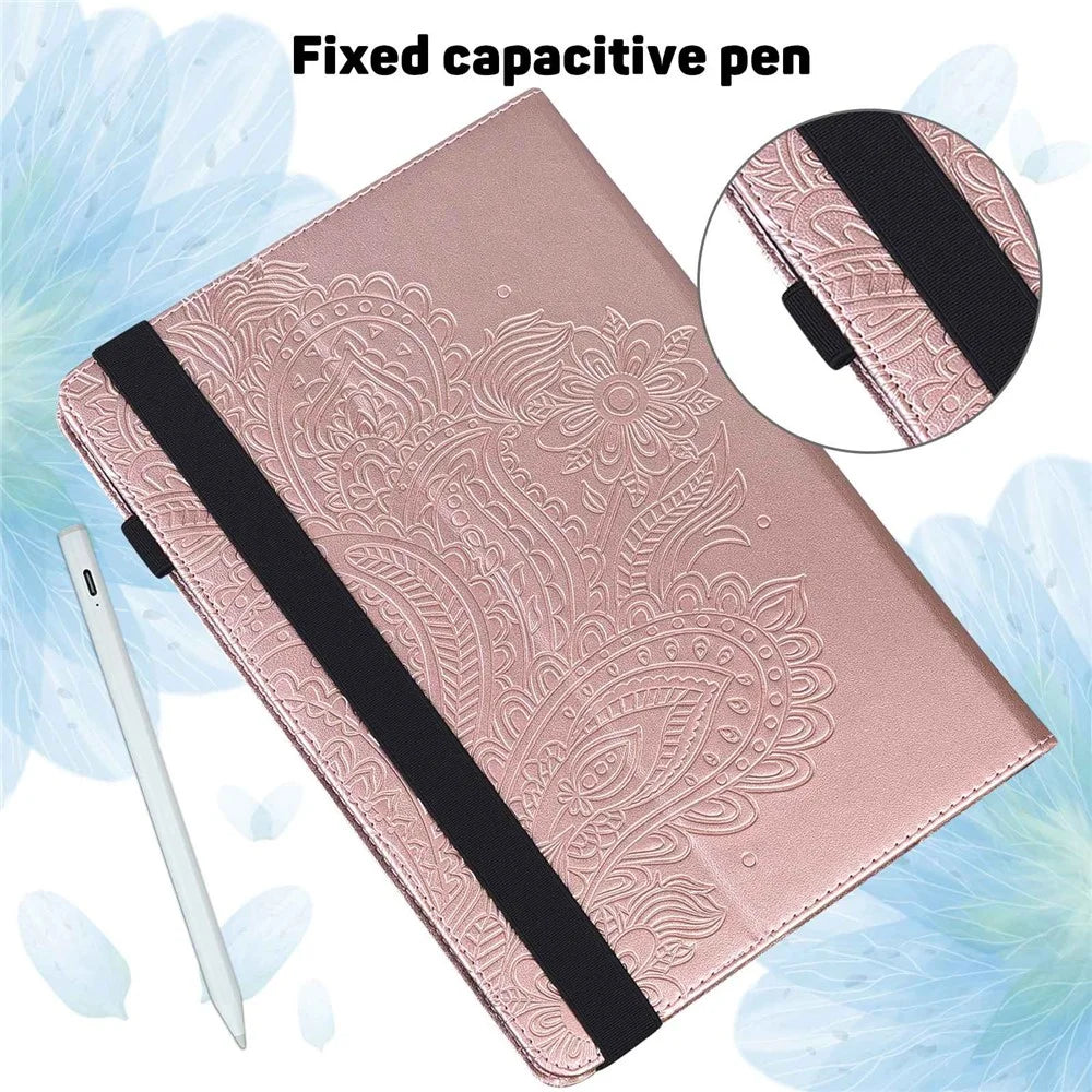 Imprinting Flower Tablet Cover for Nokia T10, Card Holder Foldable Stand PU Leather Elastic Band Case - Rose Gold - 7